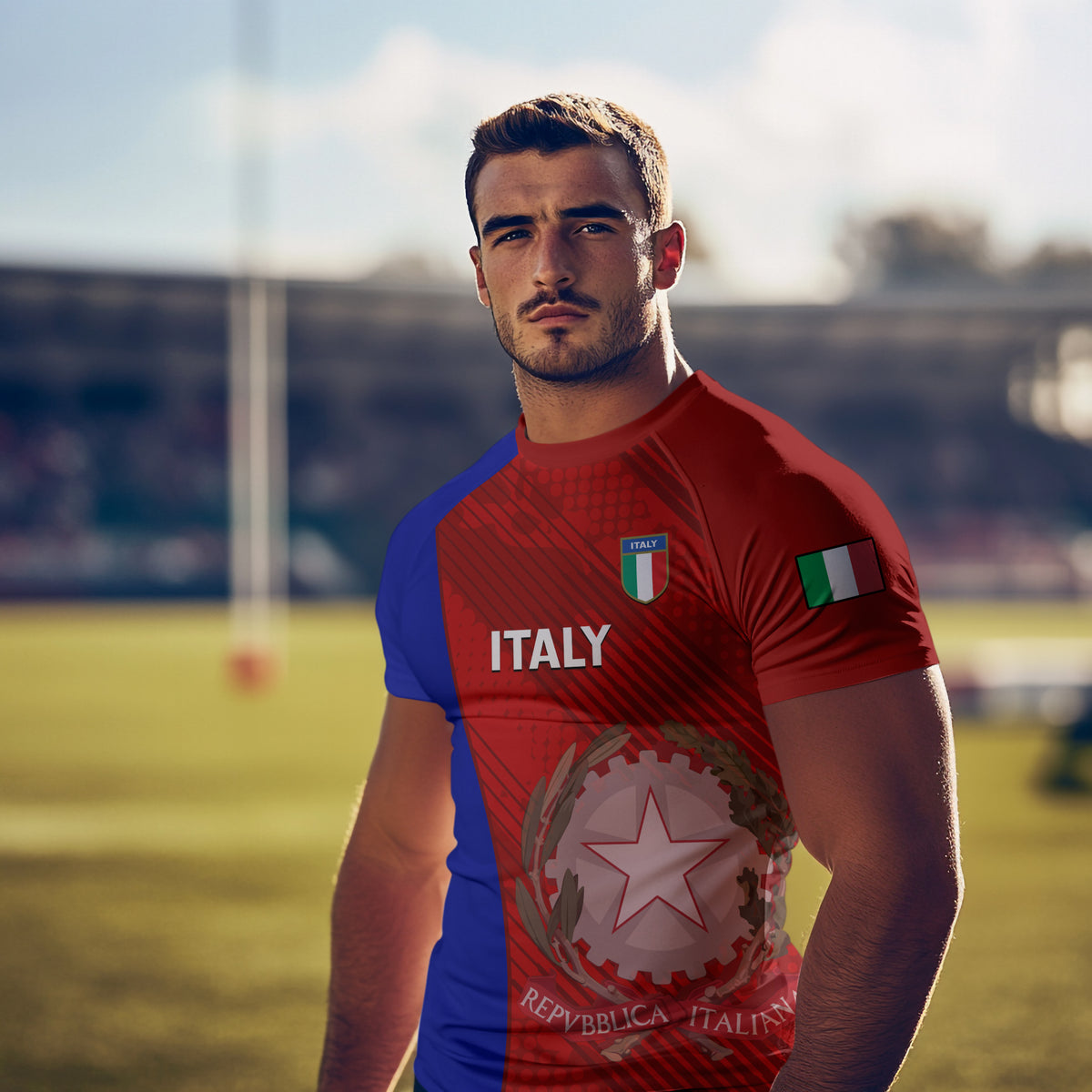 Italy rugby polo on model, red body with blue side panels and ITALY crest