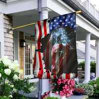 Patriotic horse house flag hanging on pole with black horse, blue star field, stripes