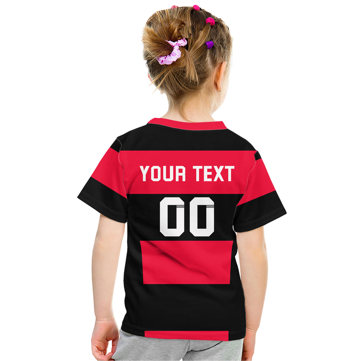 Kids' Flamengo t-shirt back, red and black with YOUR TEXT and 00 print