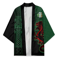 Unisex kimono with green panel, red dragon artwork, and clover on sleeve