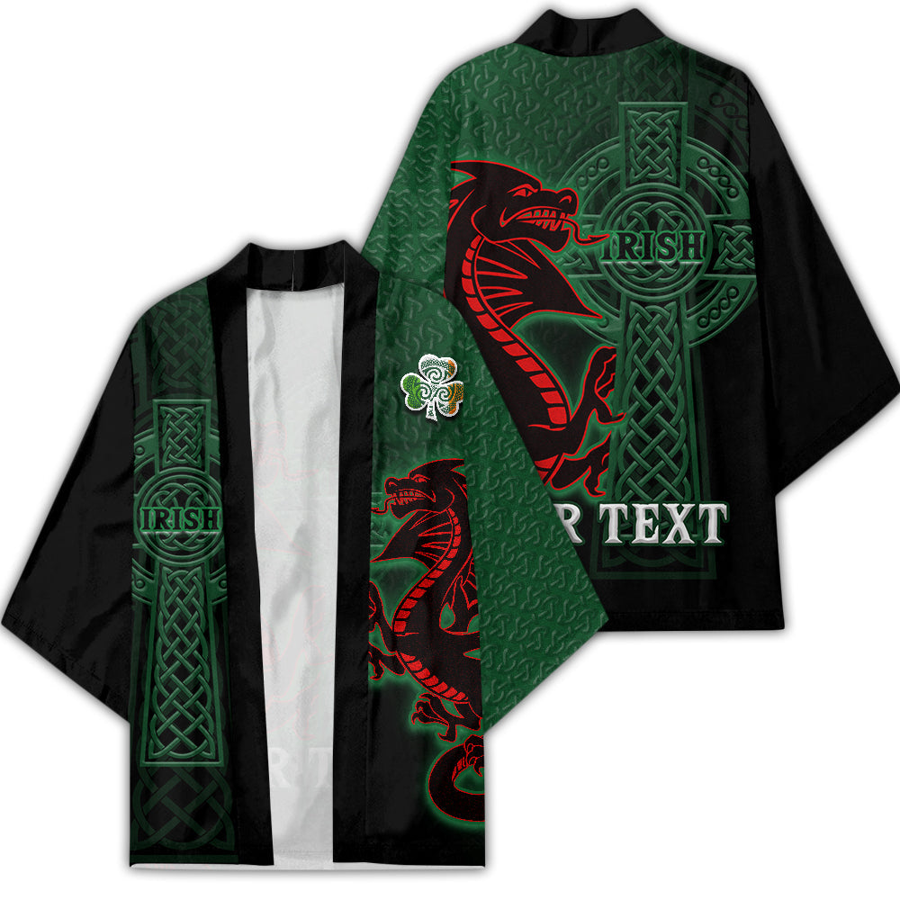 Unisex kimono with open front and black/green panel, red dragon crest and celtic knot