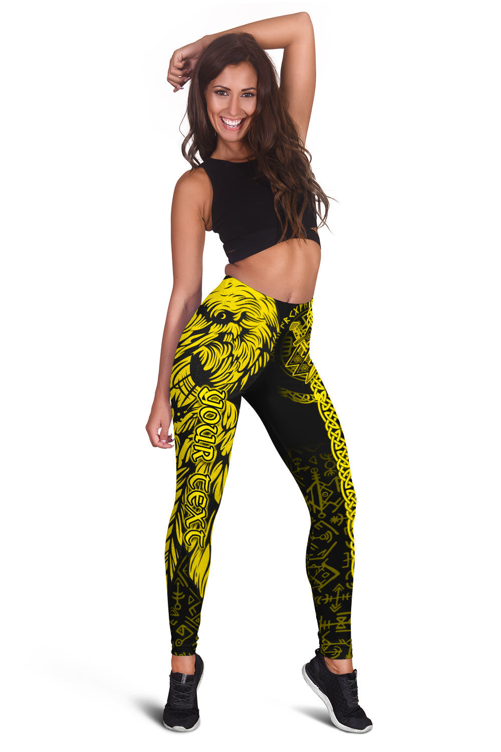 Black women's leggings with yellow raven and Norse knotwork graphic across legs