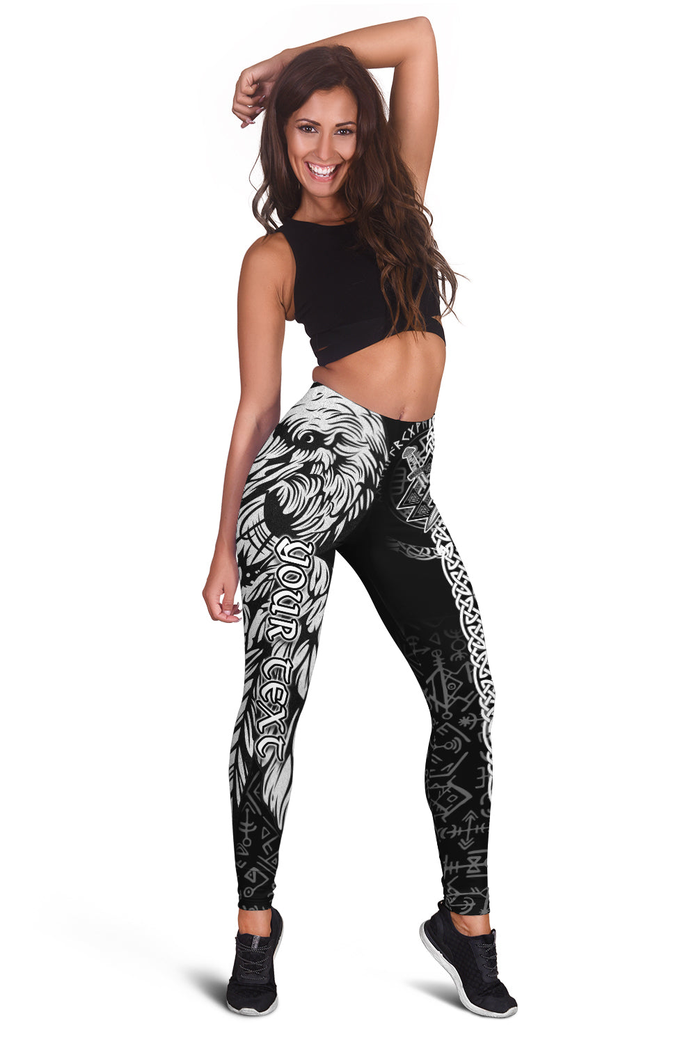 Black leggings with white Viking-style raven, Valknut and rune symbols, full-length view