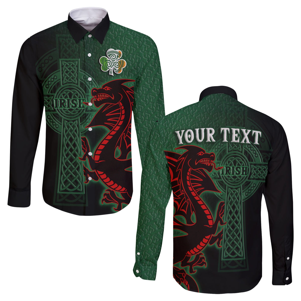 Unisex long sleeve button shirt set: black and green front dragon with clover and cross