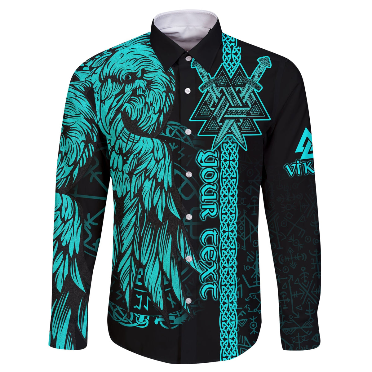 Viking button shirt black with turquoise front graphic, long sleeves, button placket