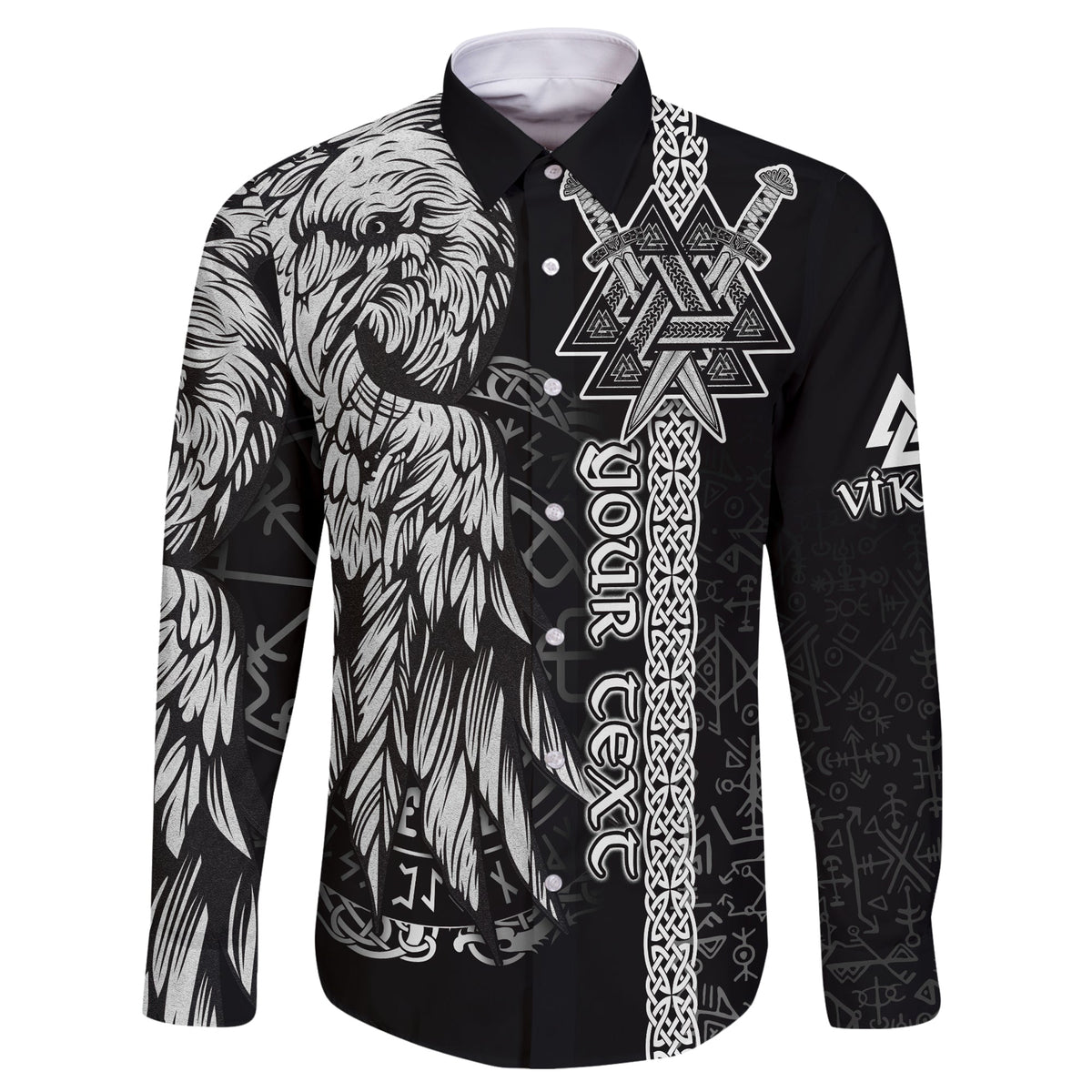Black long-sleeve button shirt with large Viking emblem, raven artwork and patterned sleeves