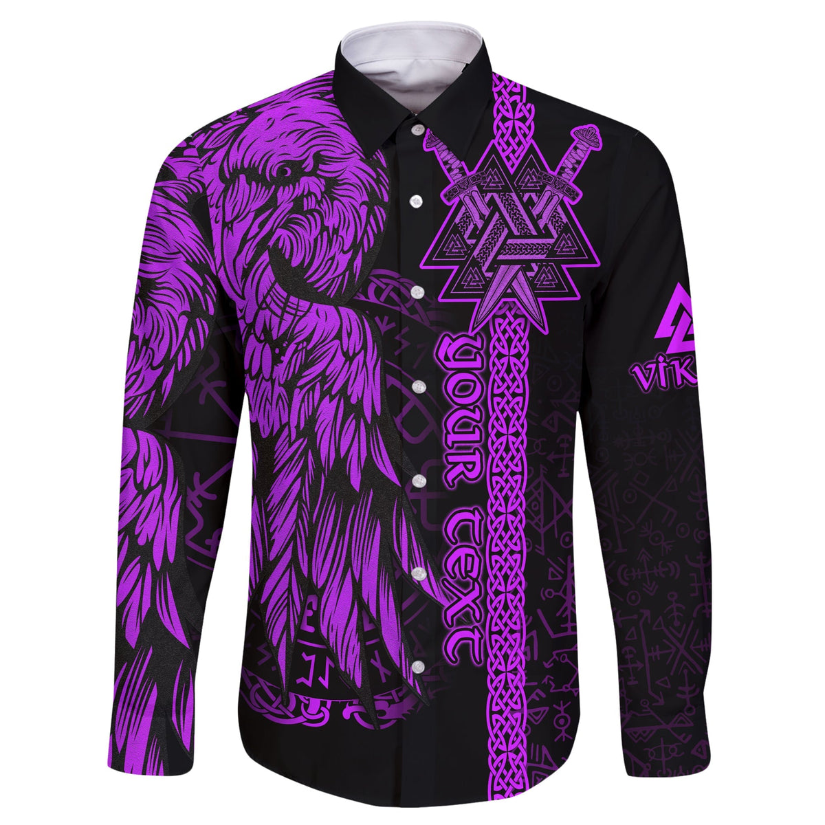 Purple and black long sleeve button shirt with Viking rune and raven front graphic