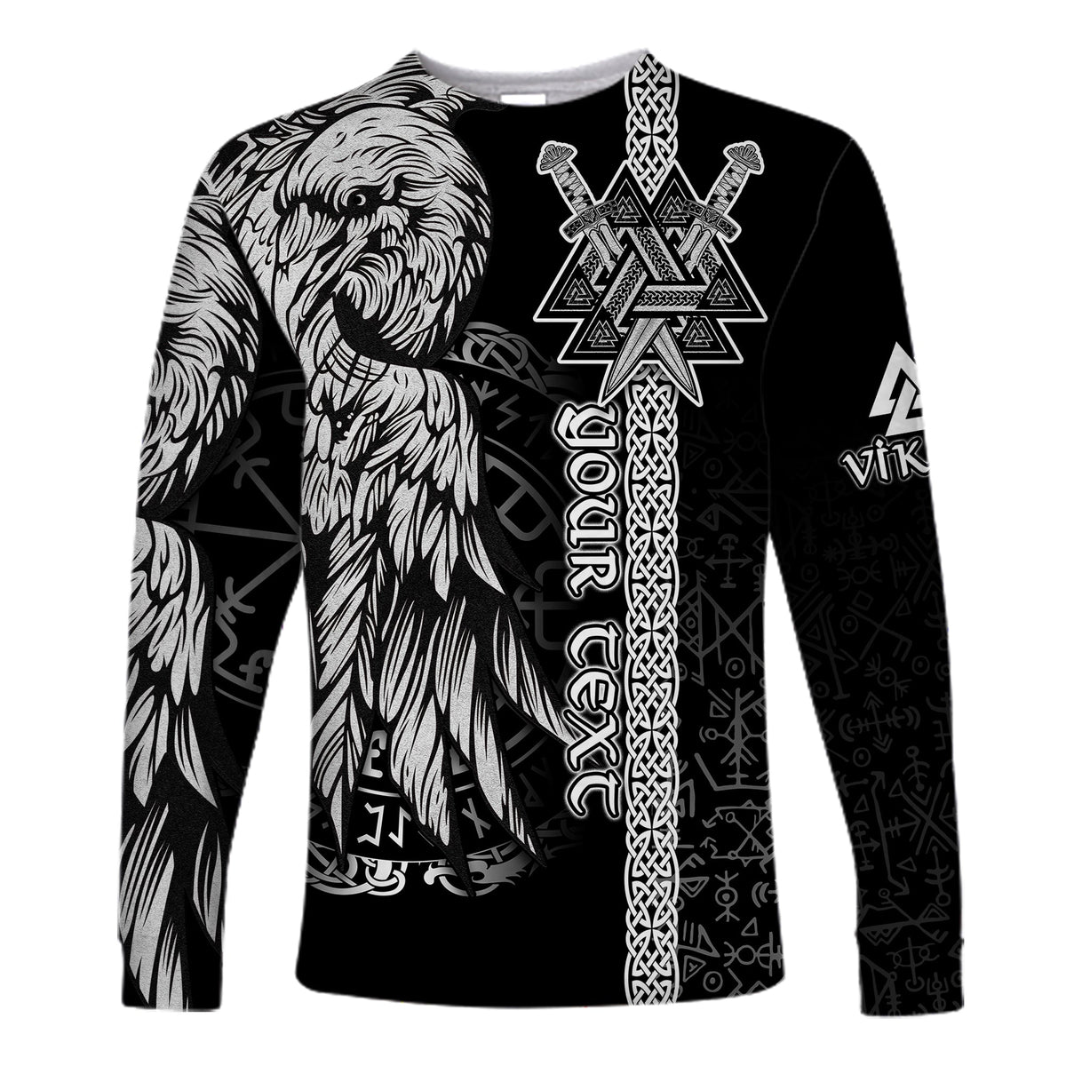 Black long-sleeve shirt with raven and Valknut knot star graphic