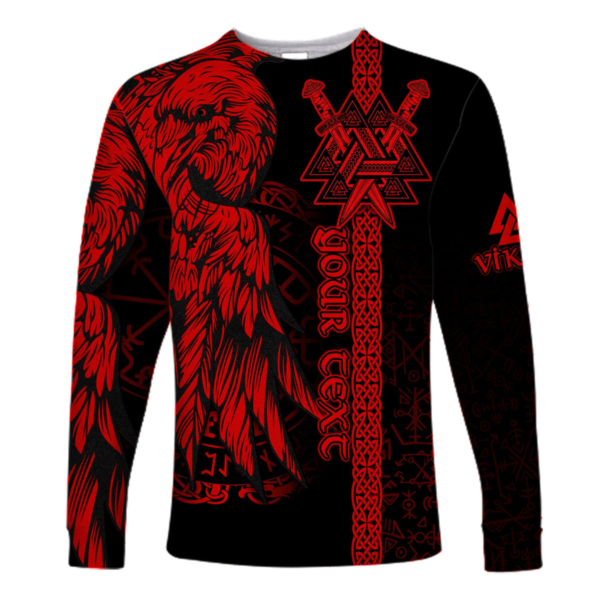 Red and black long sleeve Viking shirt with raven graphic and rune symbols