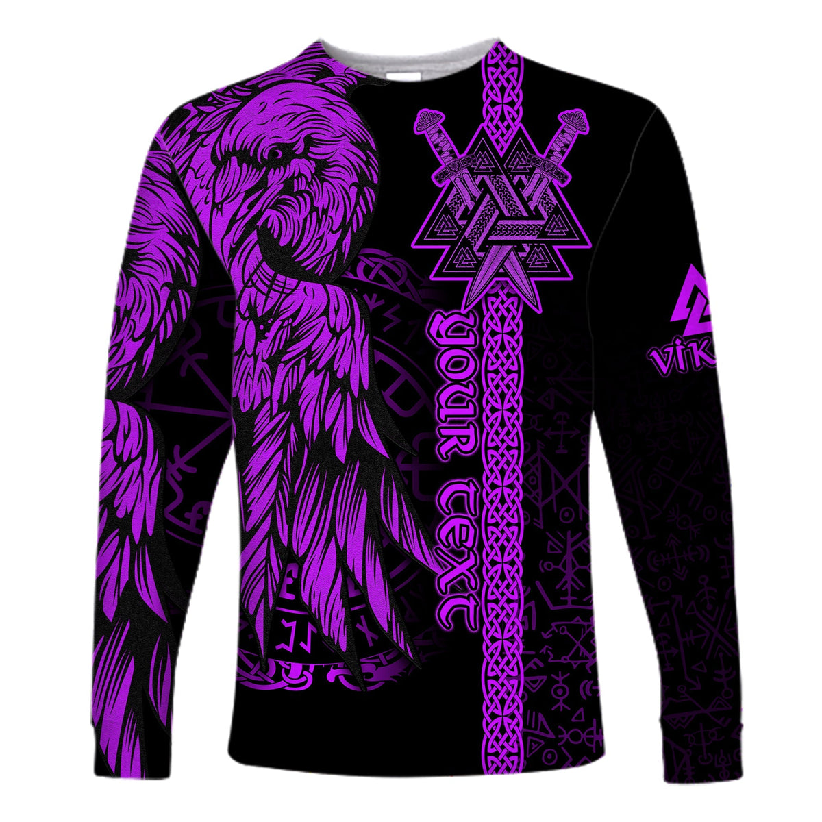 Unisex long sleeve shirt in purple/black with raven and Valknut-style star rune print