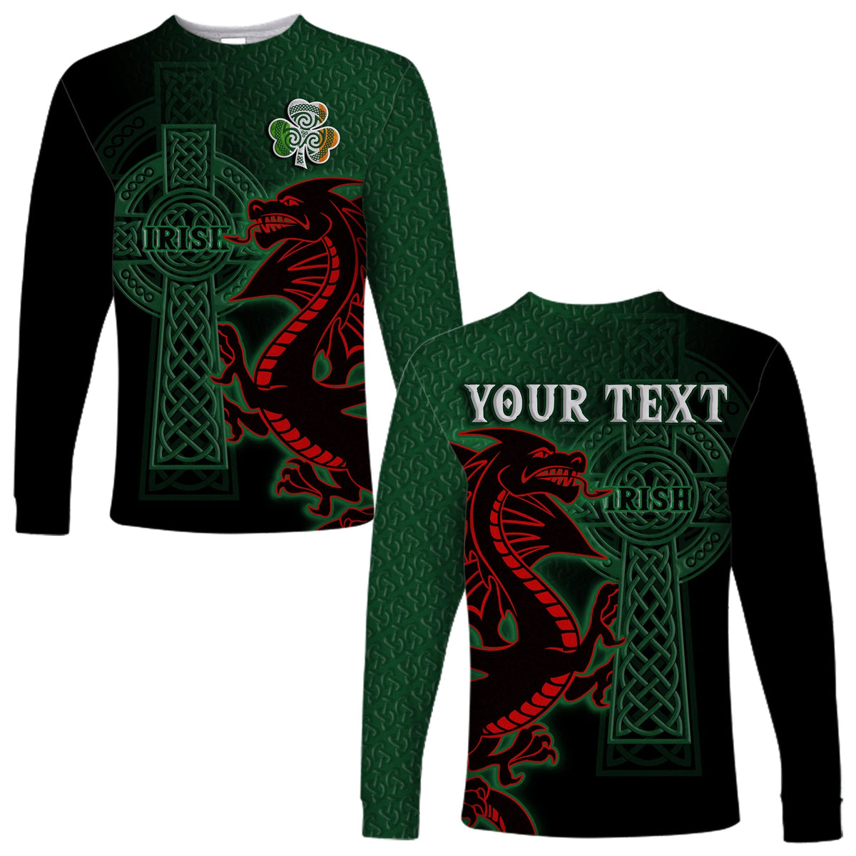 Unisex long sleeve shirts (pair view), black/green with red Celtic dragon and Irish emblem artwork