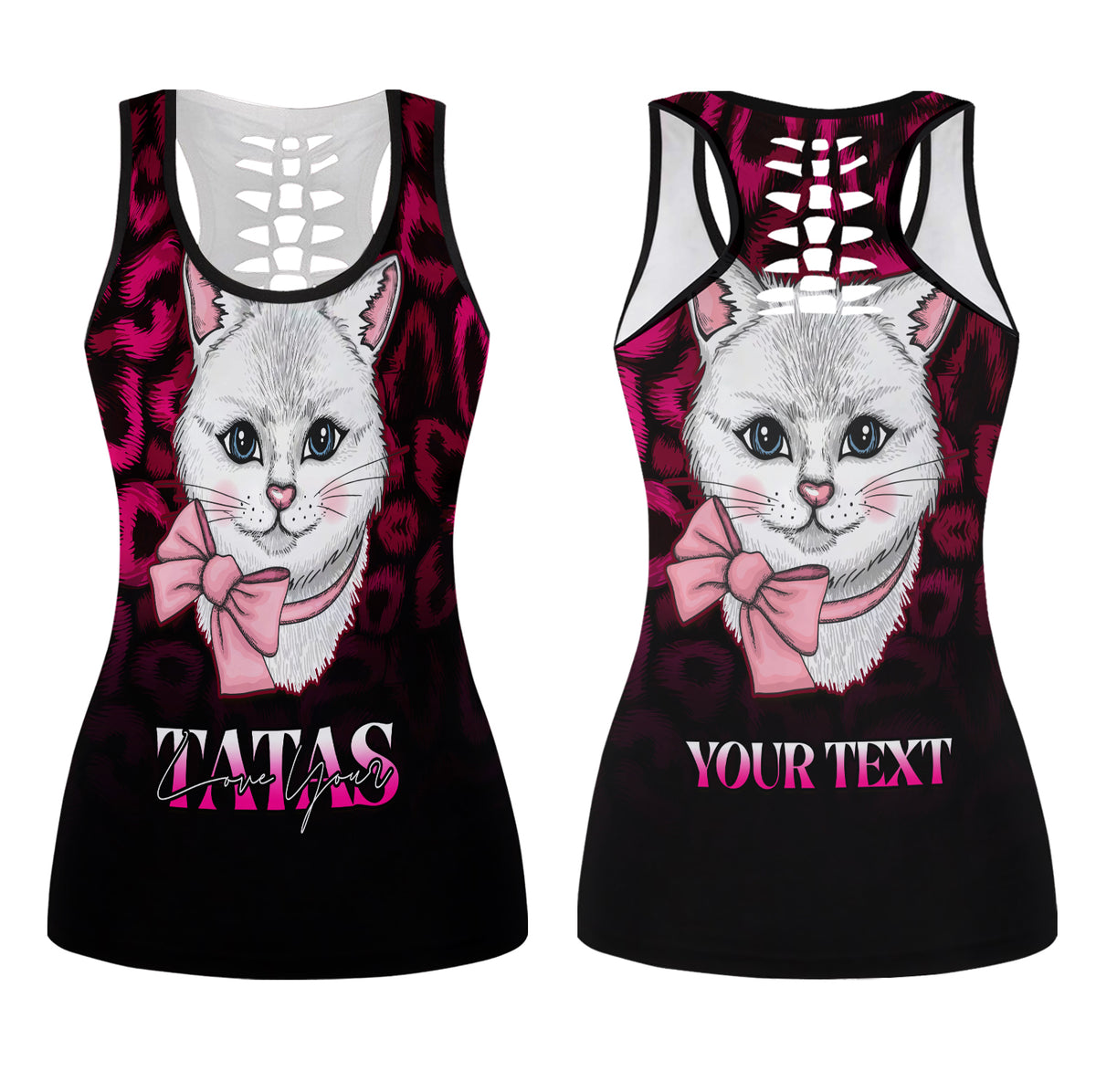 Pink and black hollow tank top with cat breast cancer graphic, bow, and custom text