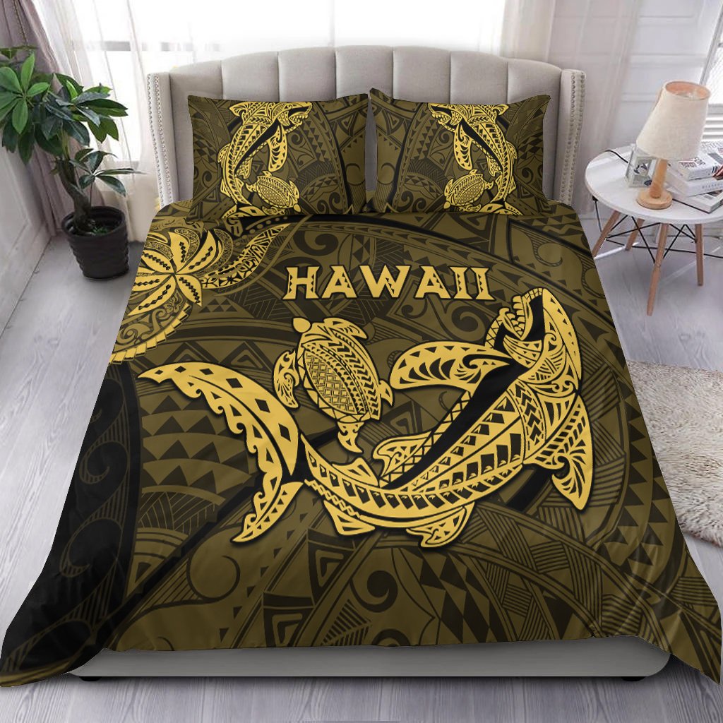 Gold kakau shark and turtle bedding set with dark olive comforter and matching pillow shams