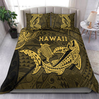 Gold kakau shark and turtle bedding set with dark olive comforter and matching pillow shams