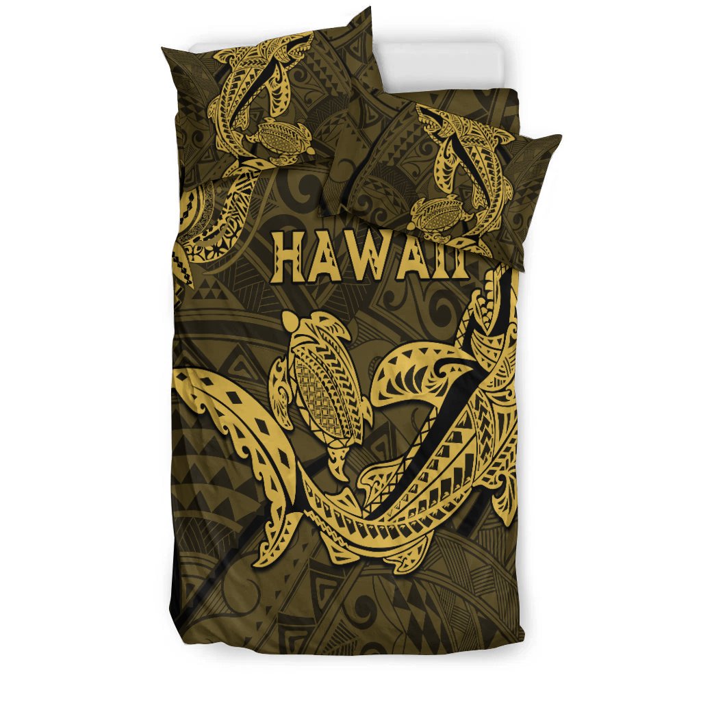 Gold shark and turtle themed duvet cover on dark olive fabric with HAWAII graphic