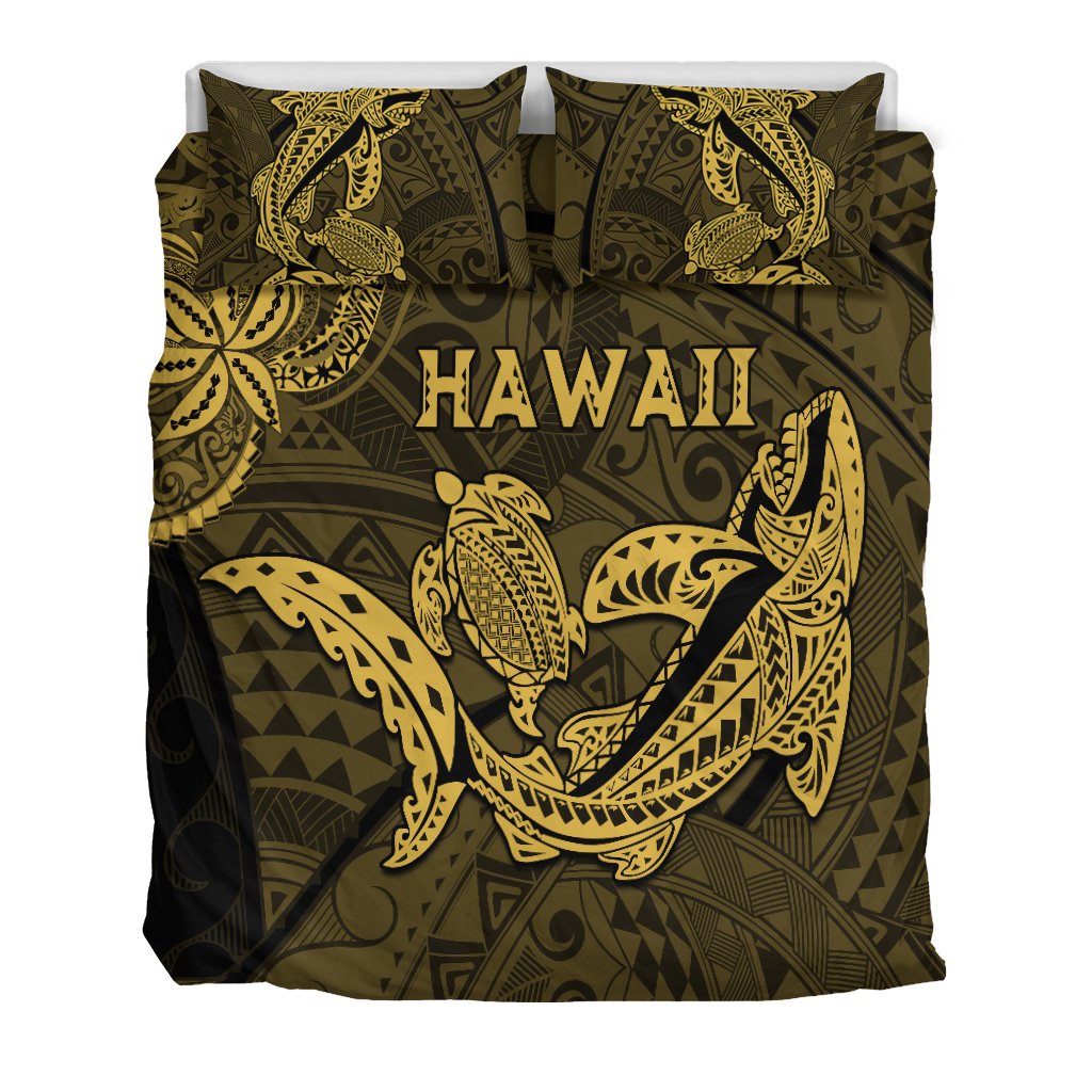 Gold HAWAII shark and turtle bedding set on dark olive with two patterned pillow shams