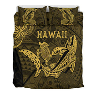 Gold HAWAII shark and turtle bedding set on dark olive with two patterned pillow shams