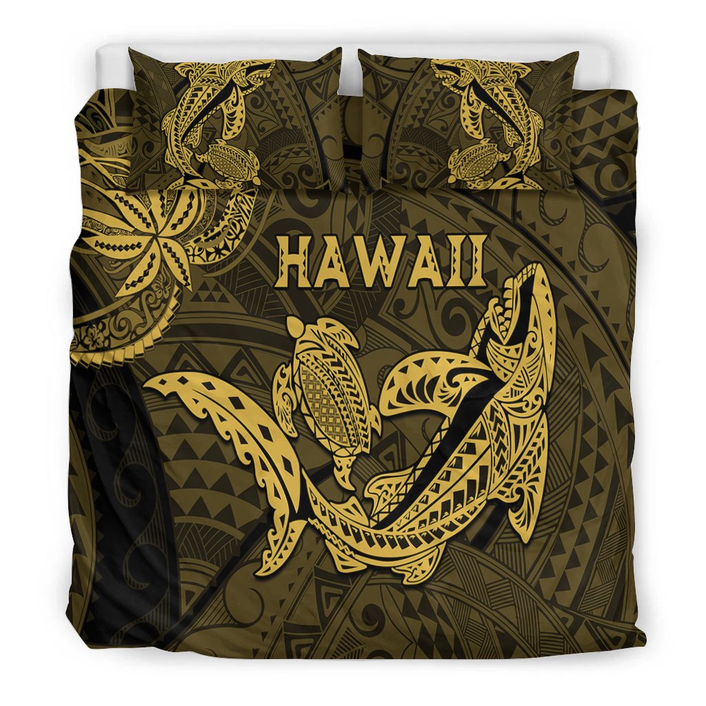 Gold shark and turtle duvet cover bedding set, dark olive with HAWAII center print