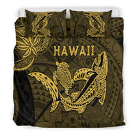 Gold shark and turtle duvet cover bedding set, dark olive with HAWAII center print