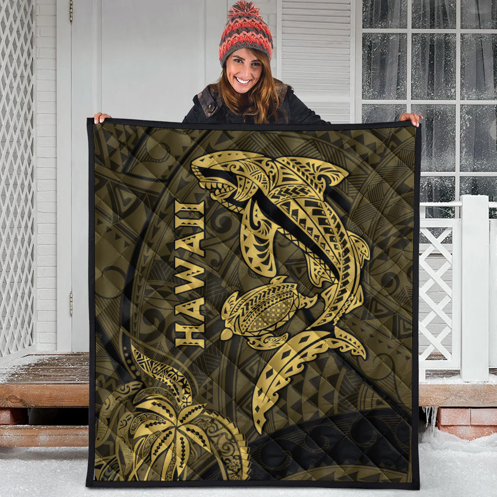 Olive quilt with gold shark and turtle design and vertical HAWAII text