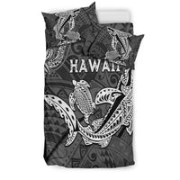 Black duvet cover with Hawaii word and ornate shark-and-turtle pattern