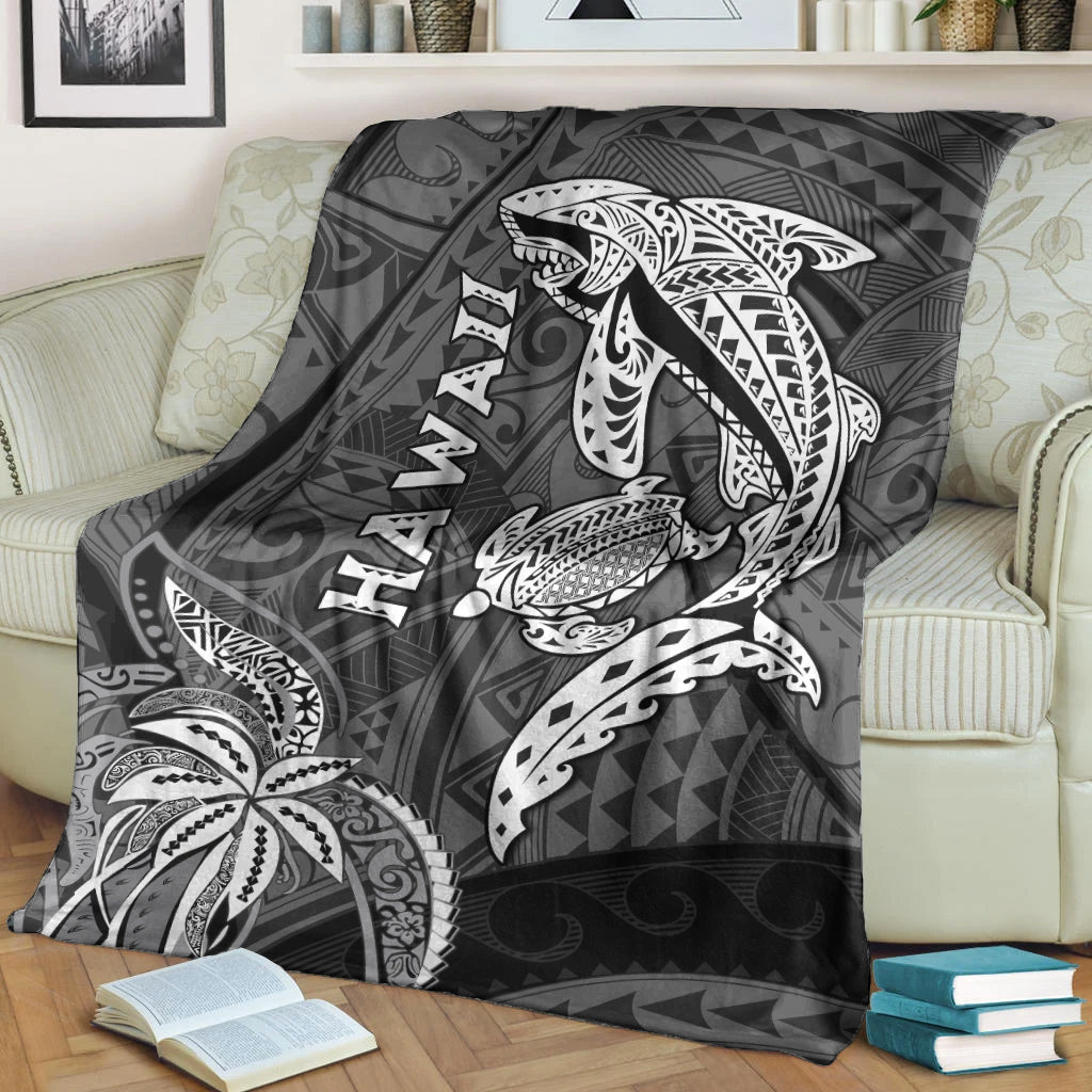 Black Hawaii shark and turtle blanket with bold white tribal pattern