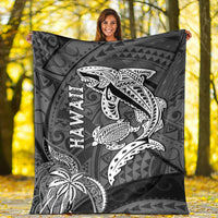 Black blanket featuring white shark and turtle tribal artwork