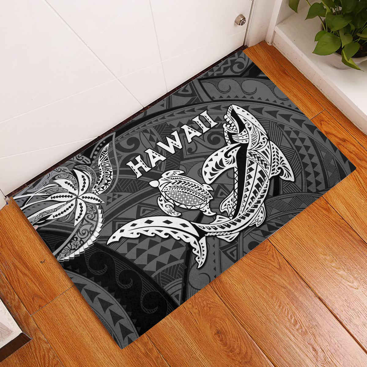 Black Hawaii door mat with shark and turtle tropical graphic