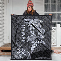 Black Hawaii shark and turtle quilt with bold white artwork, quilted texture