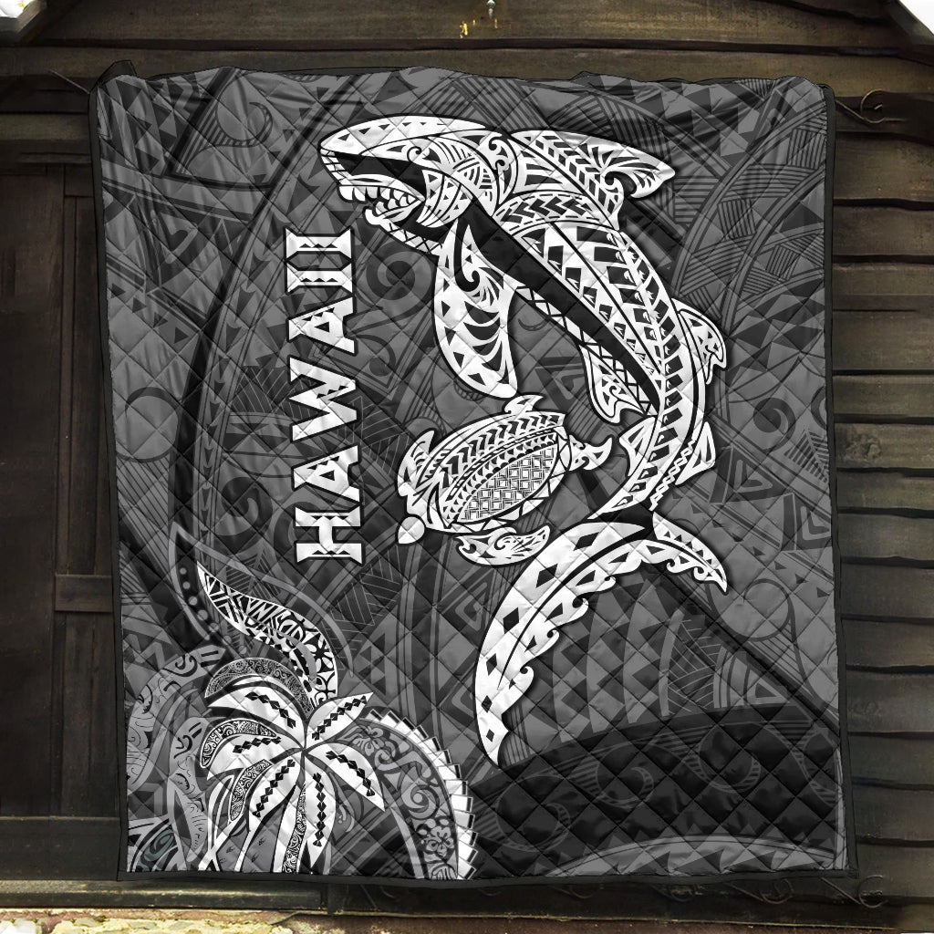Black Hawaii shark and turtle quilt with large white shark, vertical HAWAII lettering