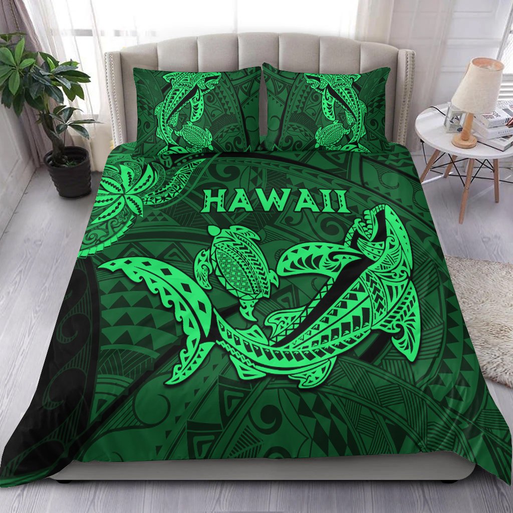 Green bedding set with Hawaii-style shark and turtle print on comforter and pillows