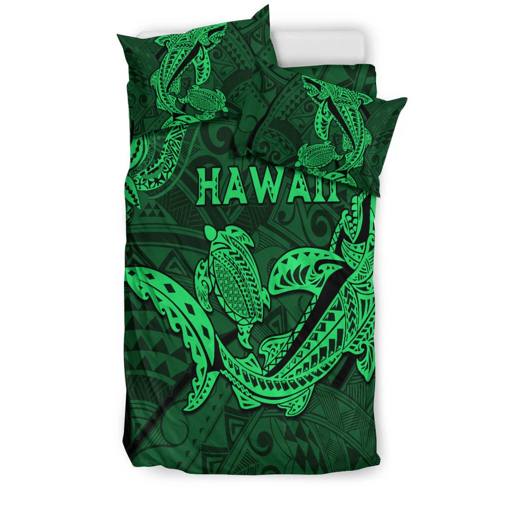 Green bedding set featuring large Hawaii shark and turtle print on comforter
