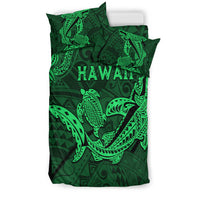 Green bedding set featuring large Hawaii shark and turtle print on comforter
