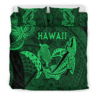 Green bedding set with Hawaii shark and turtle artwork on comforter and pillowcases