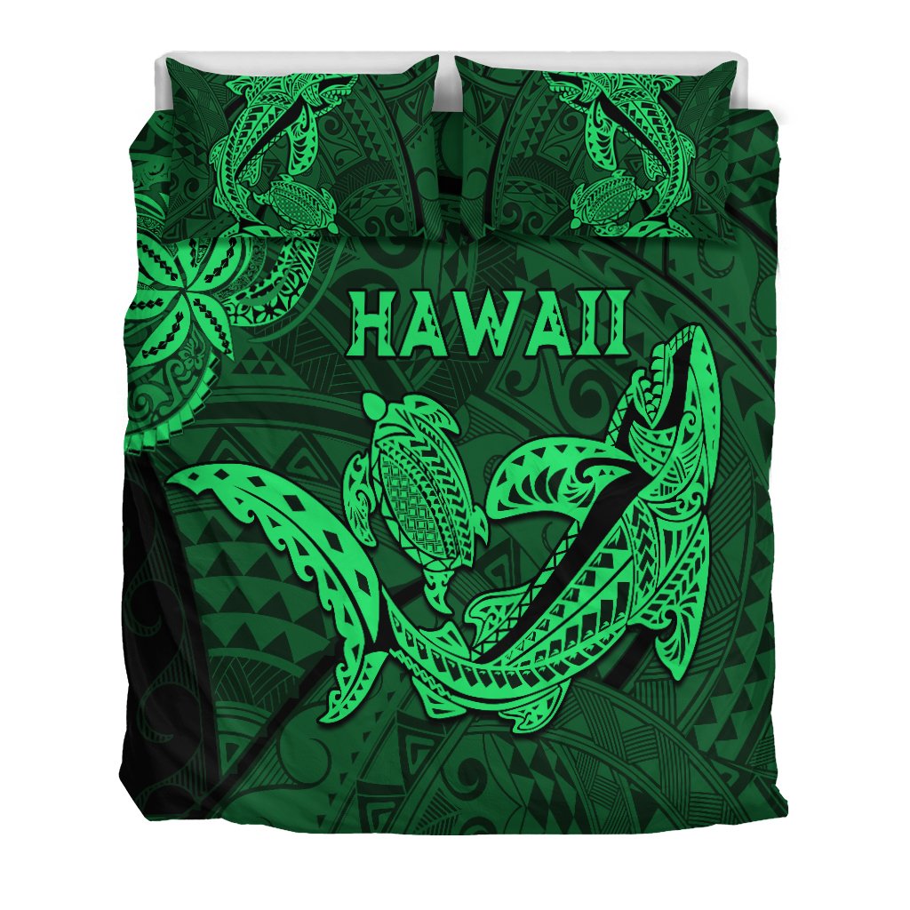 Green front view bedding set with Hawaii shark and turtle print and two pillowcases