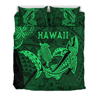 Green front view bedding set with Hawaii shark and turtle print and two pillowcases