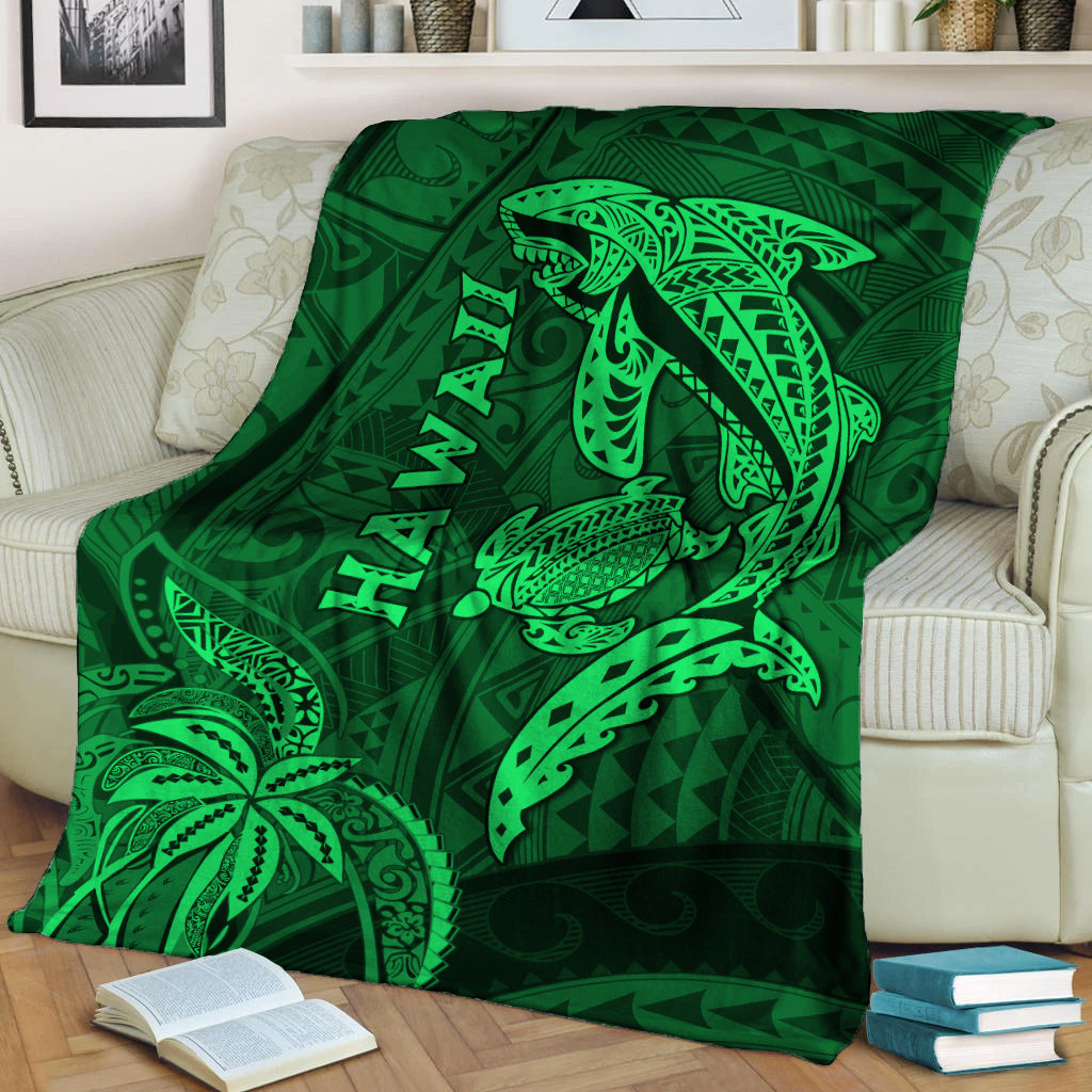 Green Hawaii shark and turtle blanket with kakau tribal pattern and HAWAII text