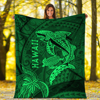 Green shark and turtle blanket with kakau tribal artwork and vertical HAWAII word