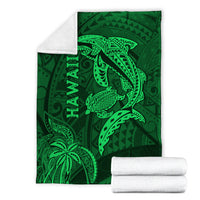 Green Hawaii shark and turtle blanket, folded corner view with kakau tribal design