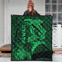 Green Hawaii shark and turtle quilt, bold sea-creature print with vertical HAMAKAUA text