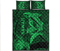 Green Hawaii shark and turtle quilt with two matching pillows and bold sea-creature print