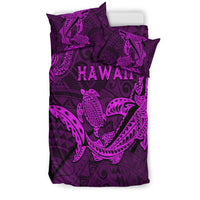 Purple duvet with Hawaii text and ornate shark and turtle print