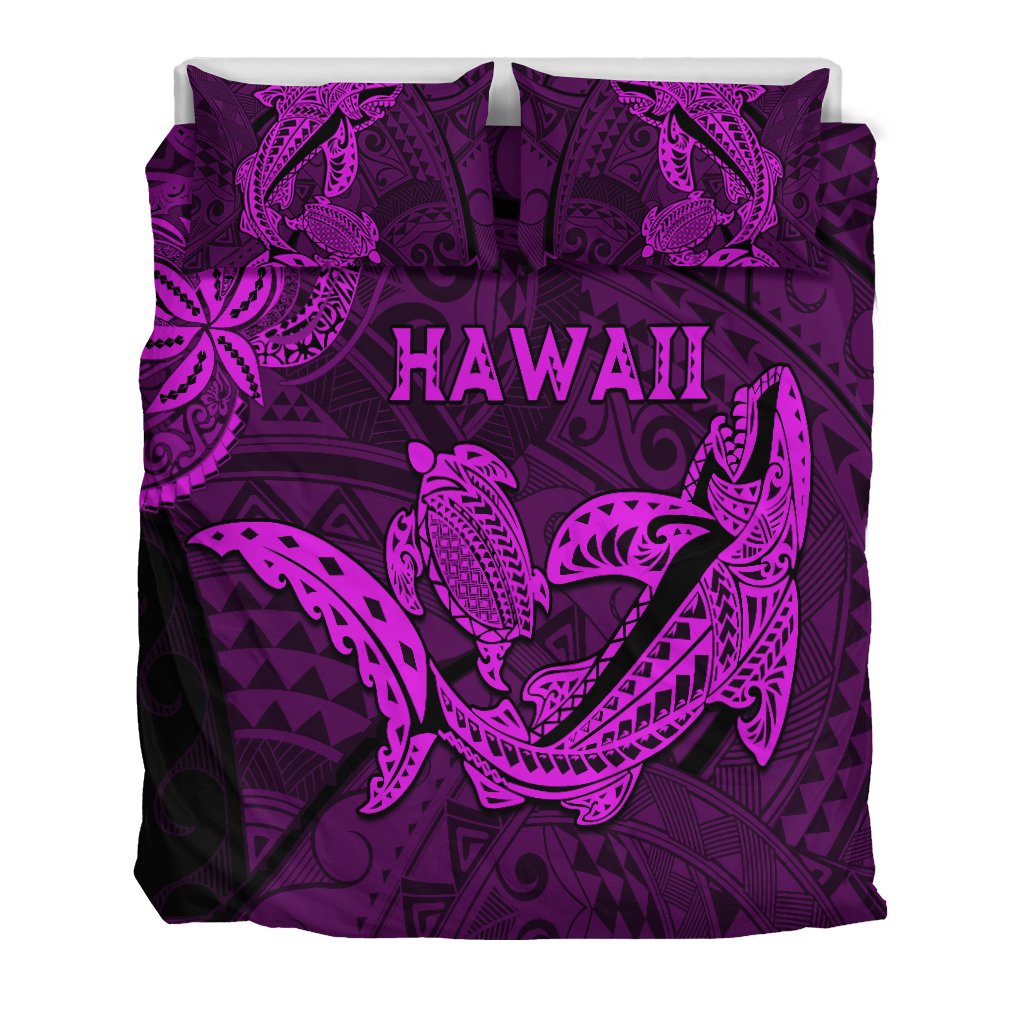 Purple bedding set showing duvet and pillows with Hawaii text and shark/turtle design