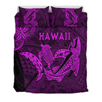 Purple bedding set showing duvet and pillows with Hawaii text and shark/turtle design