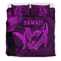 Purple duvet and pillow set with Hawaii text and bold shark/turtle artwork