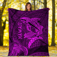 Purple Hawaii shark and turtle throw blanket with bold tribal artwork