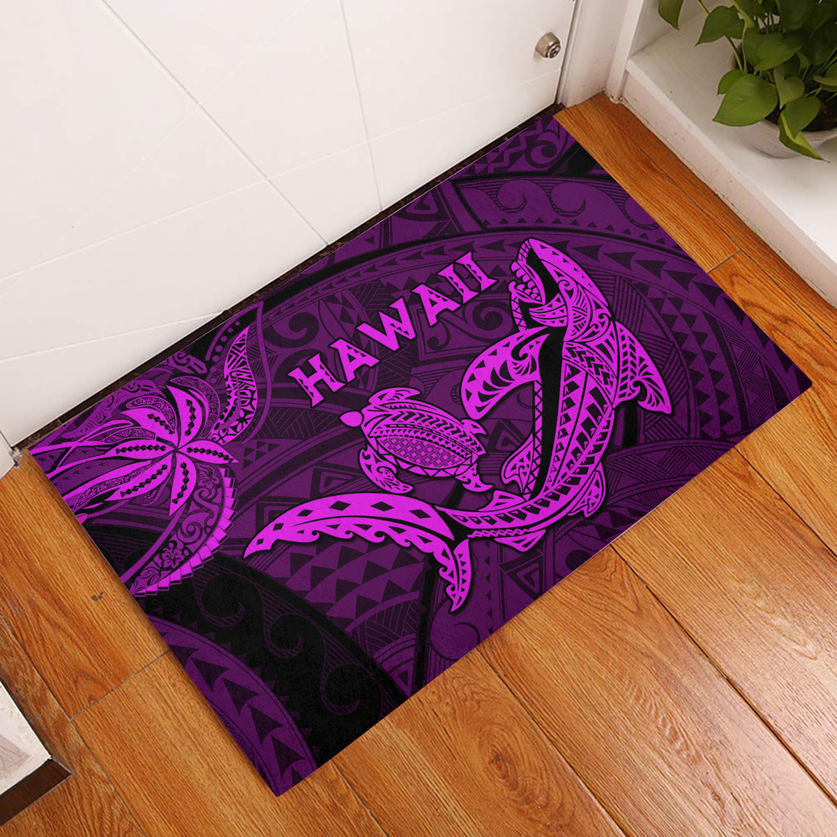 Purple door mat with Hawaii-themed shark and turtle graphic, rectangular