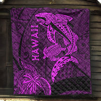 Purple quilt with large shark and turtle artwork and quilted diamond stitching detail.