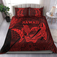 Red and dark bedding set with shark and turtle print, with matching pillowcases