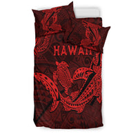 Red and dark duvet set showing shark and turtle motifs with bold Hawaii lettering